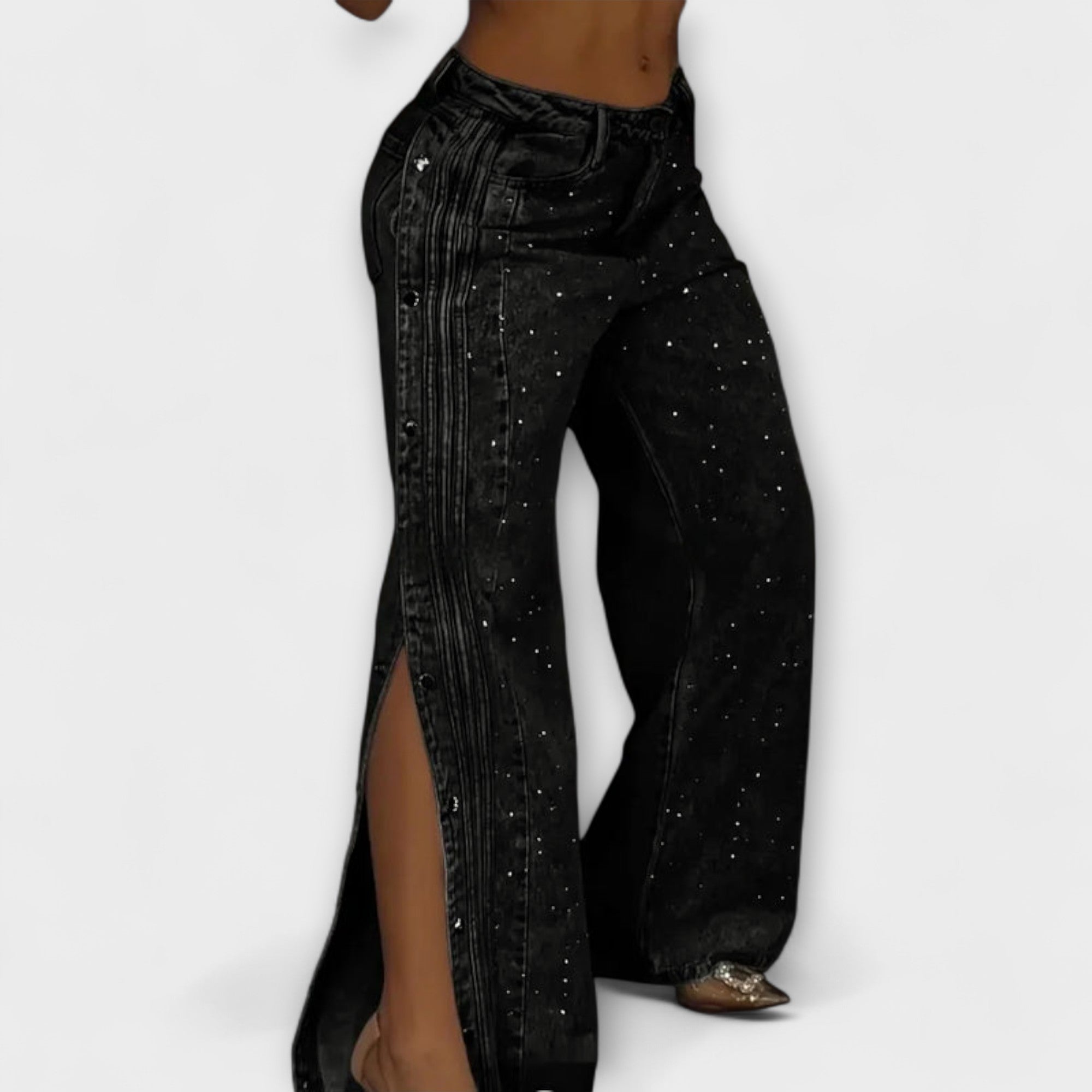 Nola - High-Waisted Jeans Embellished with Rhinestones and Side Buttons
