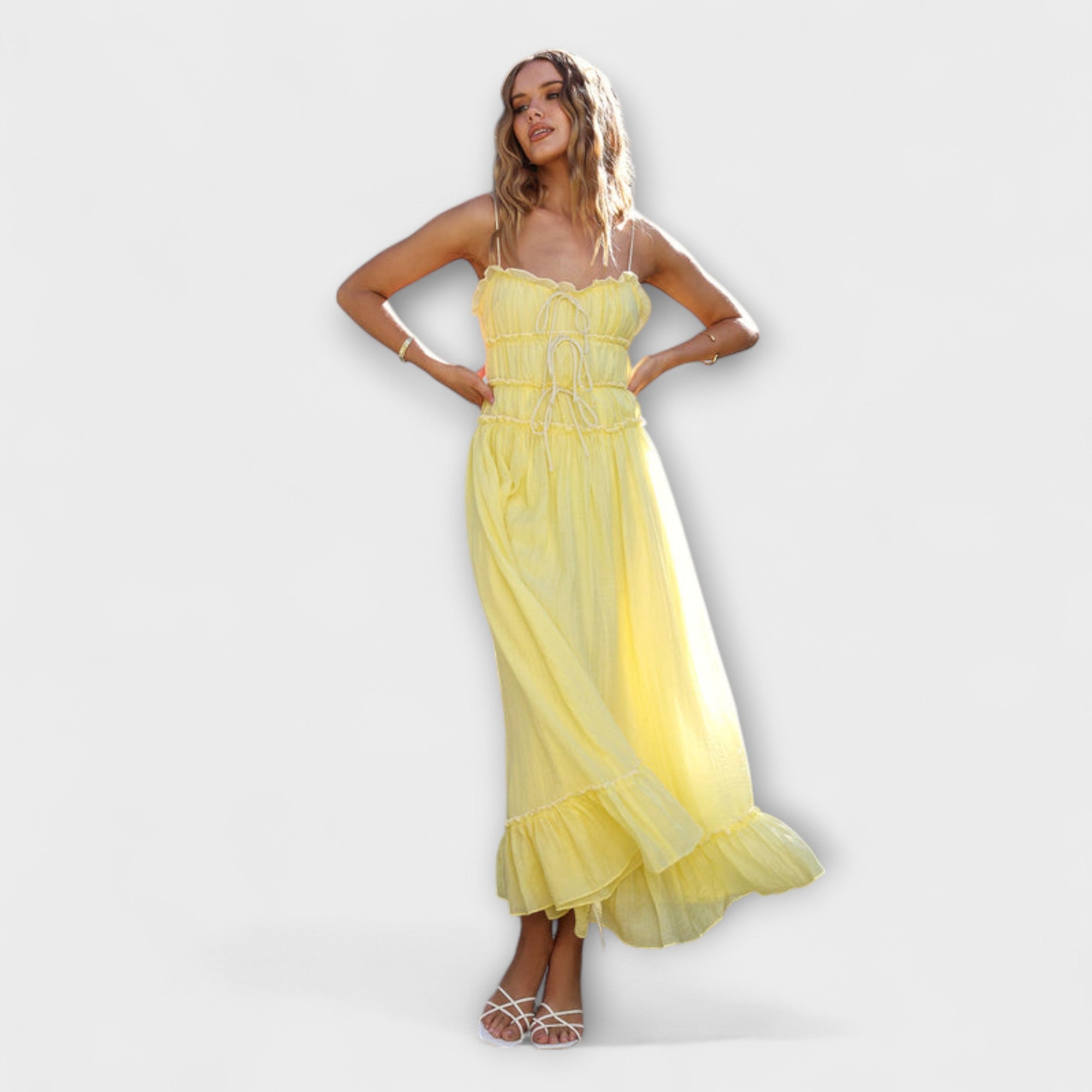 Celine - Vestido Midi Sem Mangas com Barra Franzida