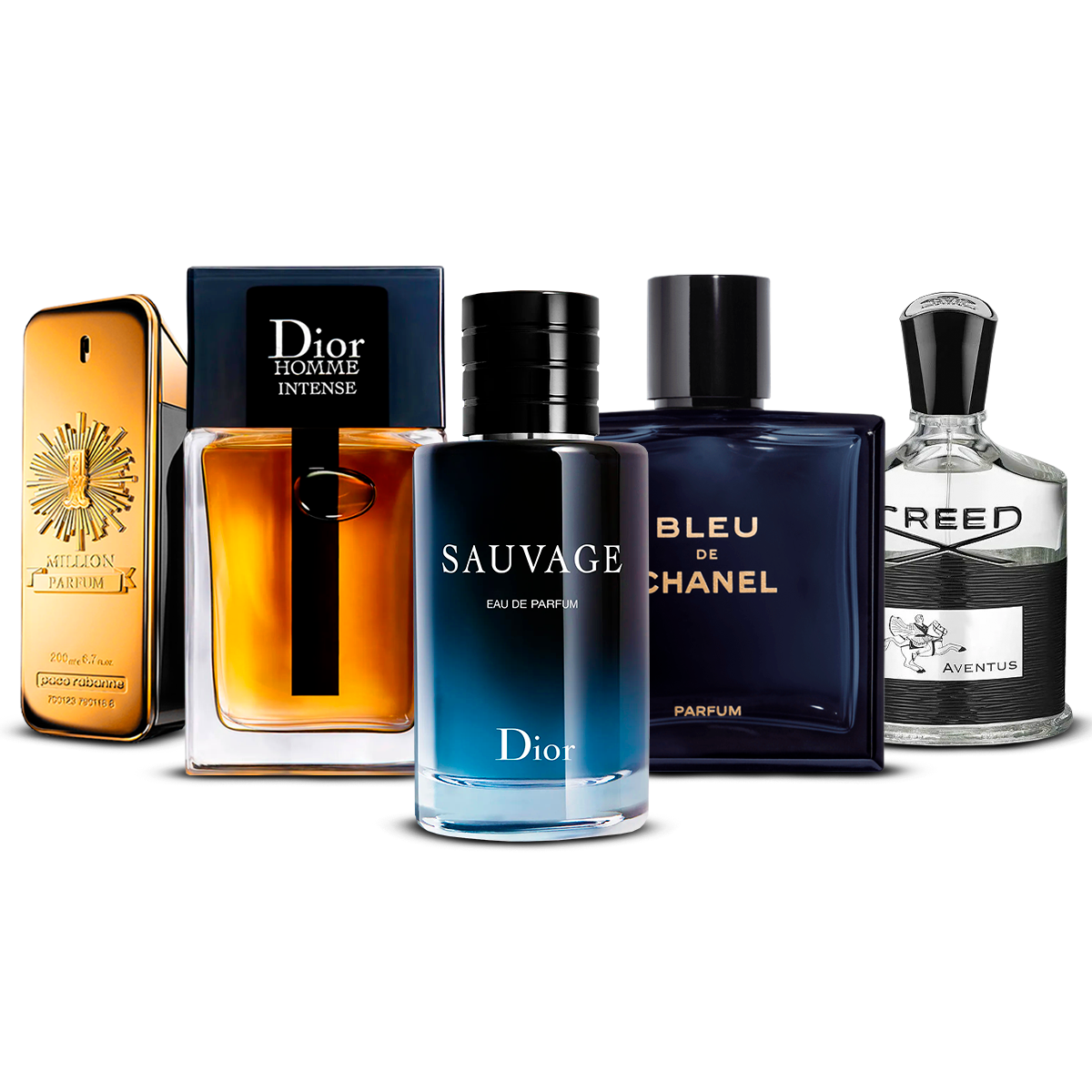 Combinatie van 5 herenparfums – 1 Million, Dior Homme Intense, Sauvage, Bleu de Chanel en Creed Aventus [100 ml elk]