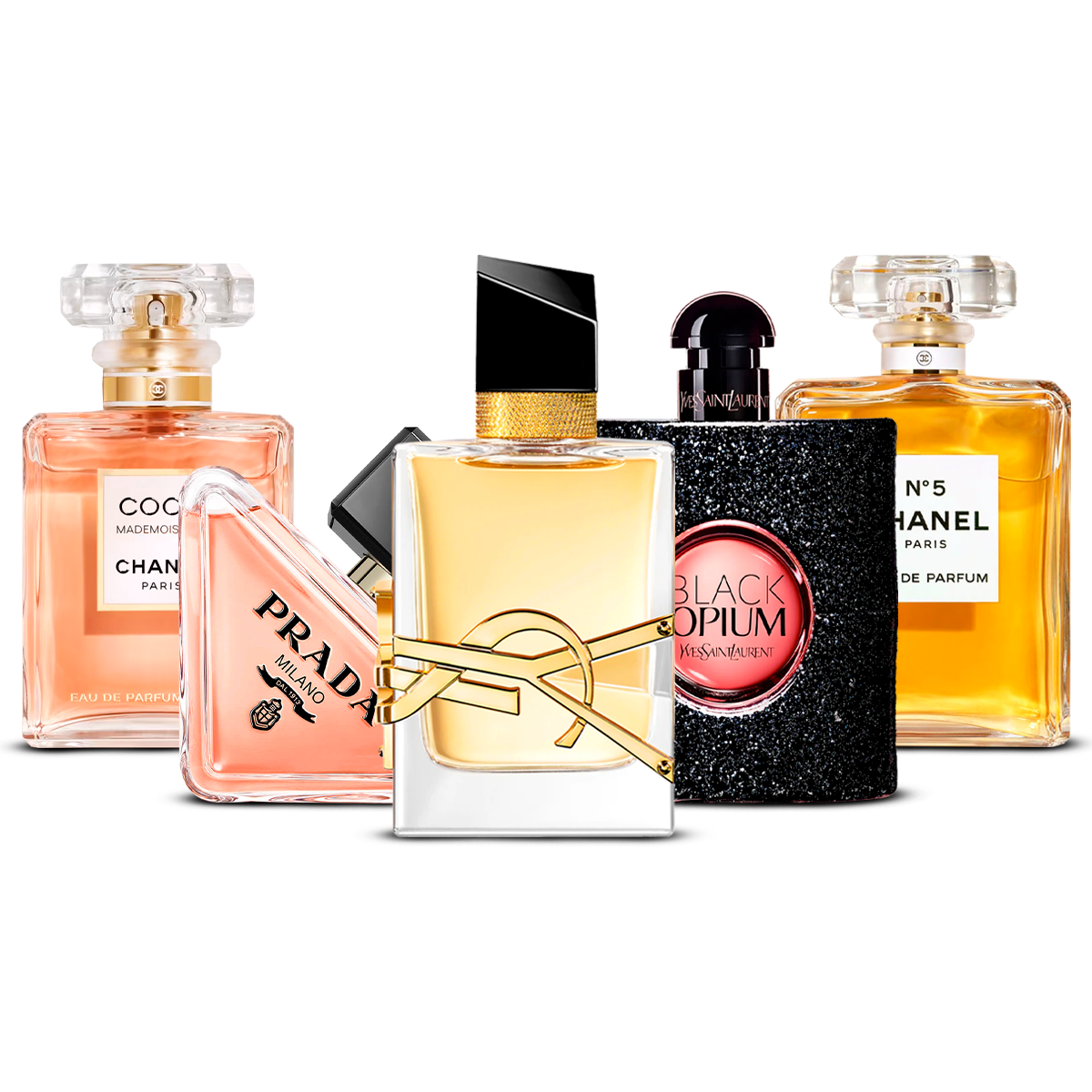 Kombination af 5 dameparfumer – Coco Mademoiselle, Prada Paradoxe, Libre, Black Opium og Chanel N°5 [100 ml hver]