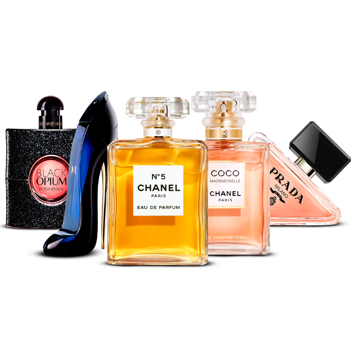 Kombination af 5 kvindeparfumer – Black Opium, Good Girl, Chanel N°5, Coco Mademoiselle og Prada Paradoxe [100 ml hver]