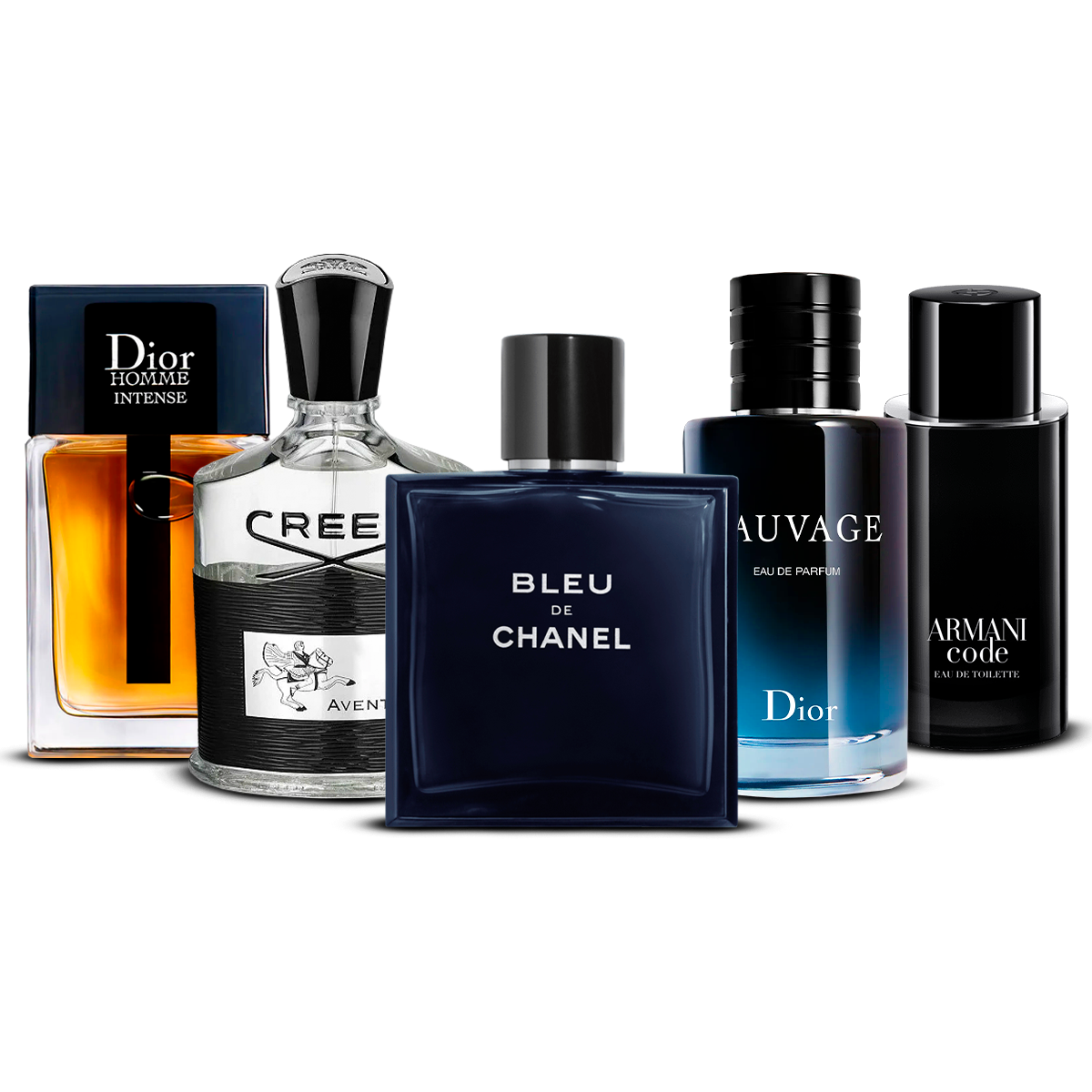 Combinatie van 5 herenparfums – Dior Homme Intense, Creed Aventus, Bleu de Chanel, Sauvage en Armani Code [100 ml elk]