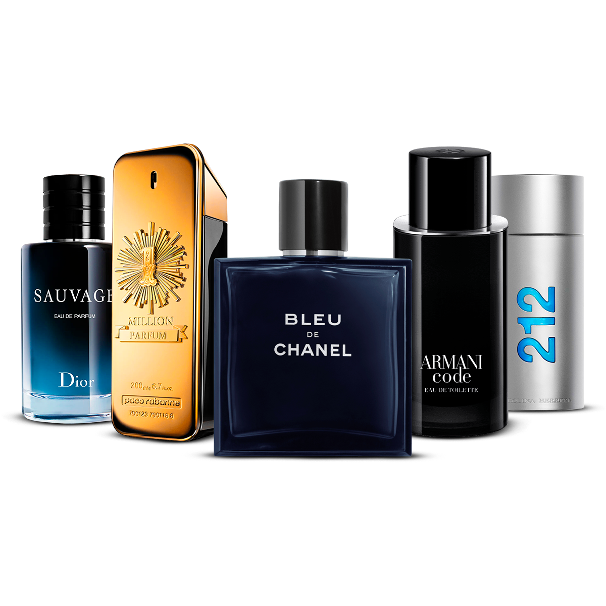 Kombinasjon av 5 herredufter – Sauvage, 1 Million, Bleu de Chanel, Armani Code og 212 Men [100 ml hver]