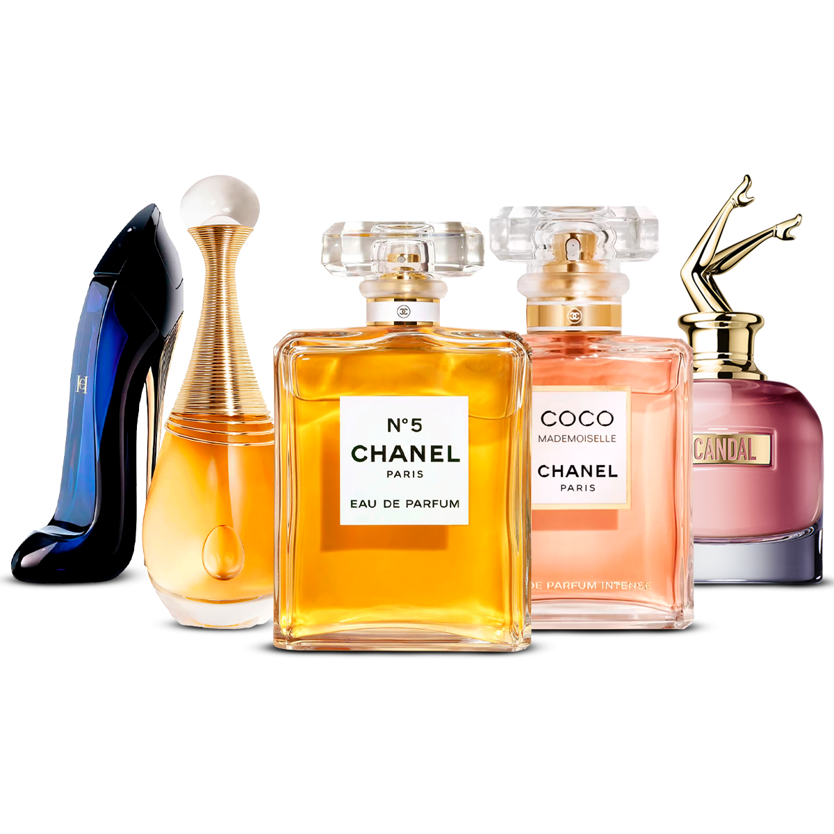 Combinazione di 5 profumi da donna – Good Girl, J'adore, Chanel Nº5, Coco Mademoiselle e Scandal [100 ml ciascuno]