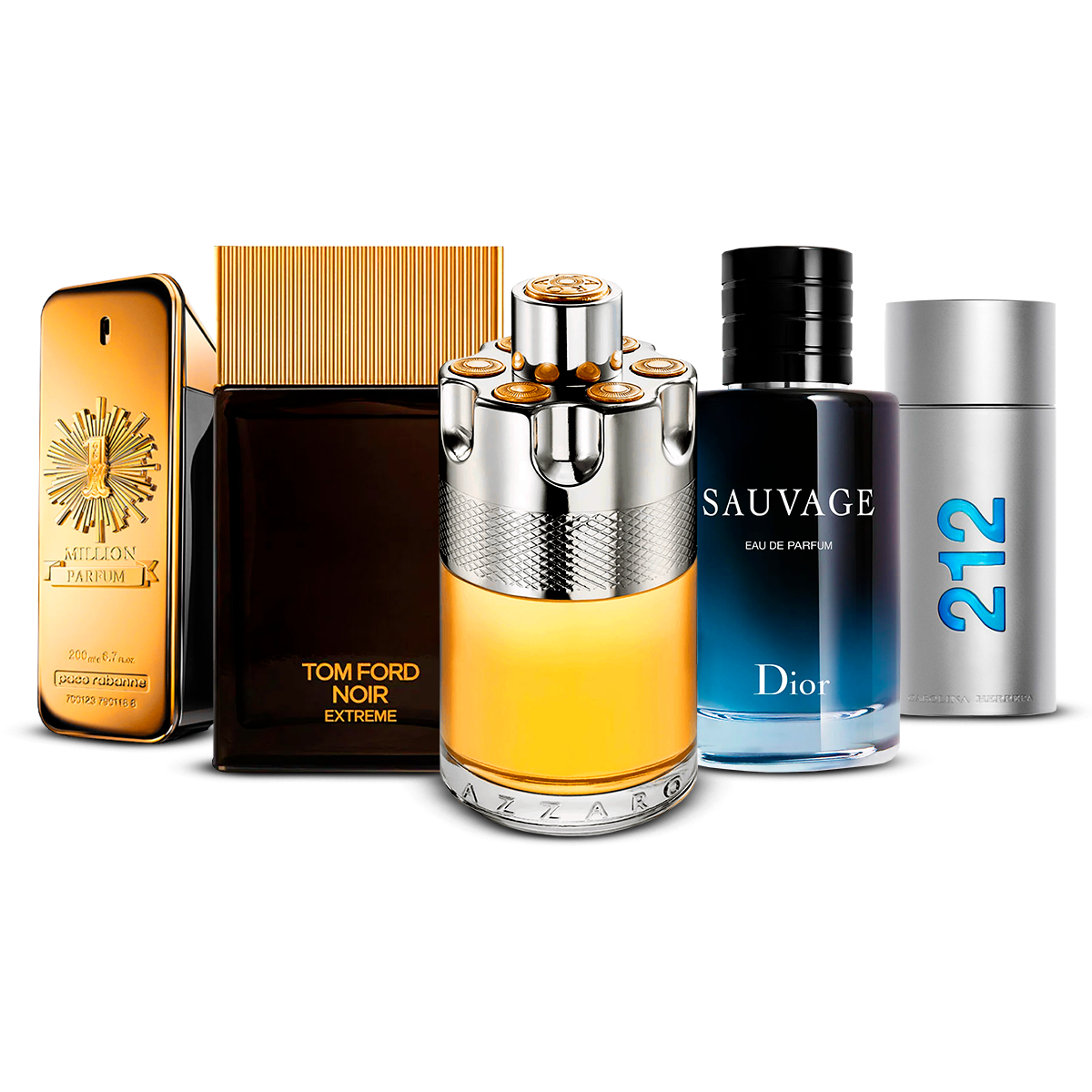 Combinatie van 5 herenparfums – 1 Million, Tom Ford Noir Extrême, Azzaro Wanted, Sauvage en 212 Men [100 ml elk]