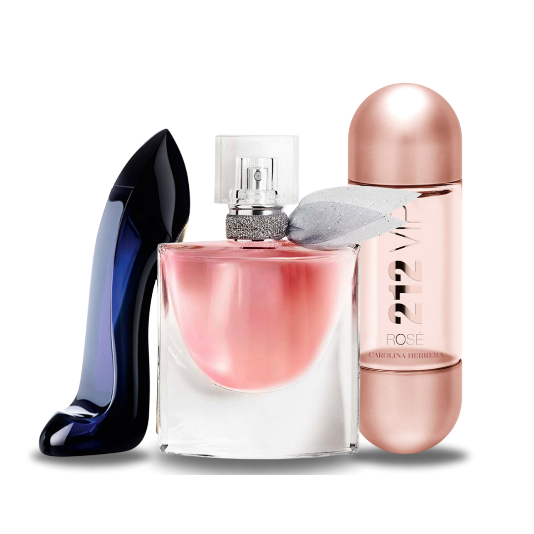 Kombinasjon av 3 dufter – Good Girl av Carolina Herrera, La Vie Est Belle av Lancôme og 212 VIP Rosé av Carolina Herrera [100 ml hver]