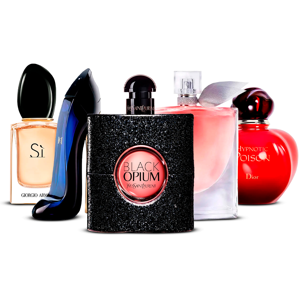 Combinação de 5 perfumes femininos – Sì, Good Girl, Black Opium, La Vie Est Belle e Hypnotic Poison [100 ml cada]