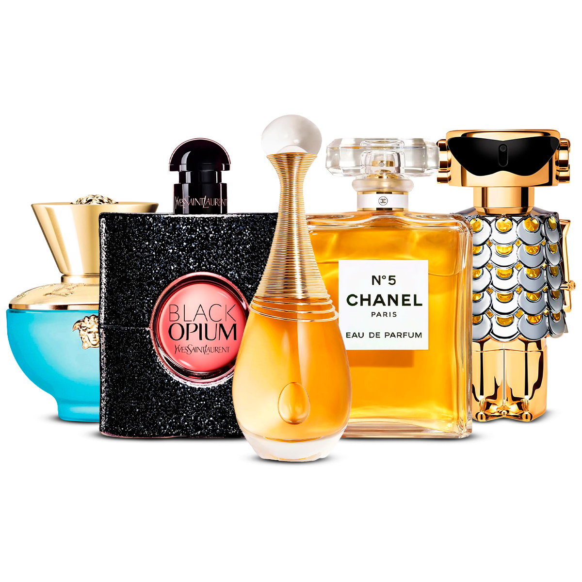 Kombination aus 5 Damendüften – Versace Dylan Turquoise, Black Opium, J'adore, Chanel Nº5 und Fame [je 100 ml]