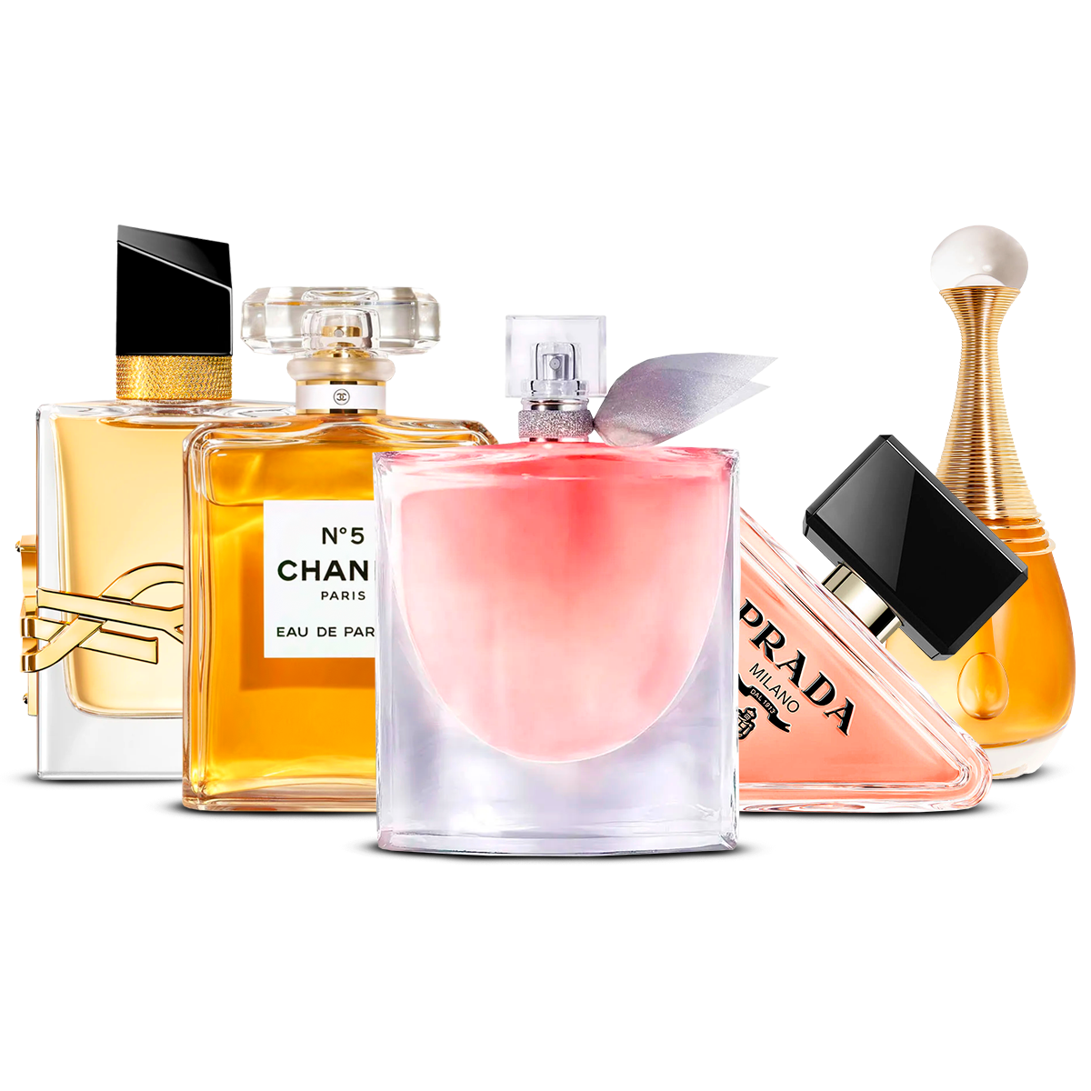 Combinatie van 5 damesparfums – Yves Saint Laurent Libre, Chanel Nº5, La Vie Est Belle, Prada Paradoxe en J'adore [100 ml elk]