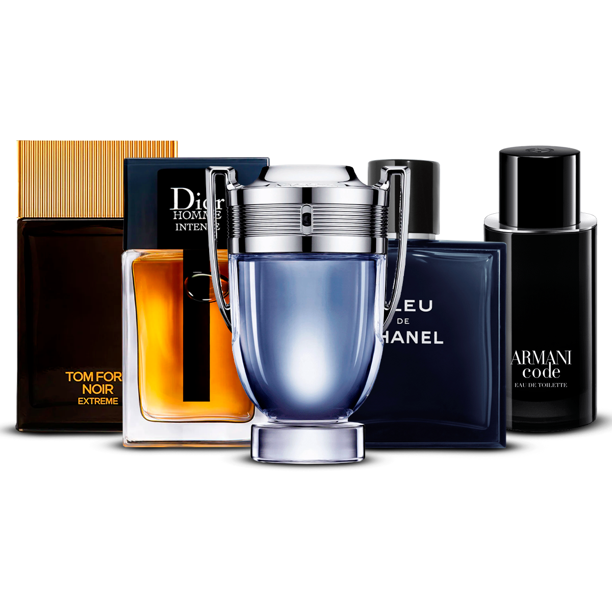 Combinação de 5 perfumes masculinos – Tom Ford Noir Extrême, Dior Homme Intense, Invictus, Bleu de Chanel e Armani Code [100 ml cada]