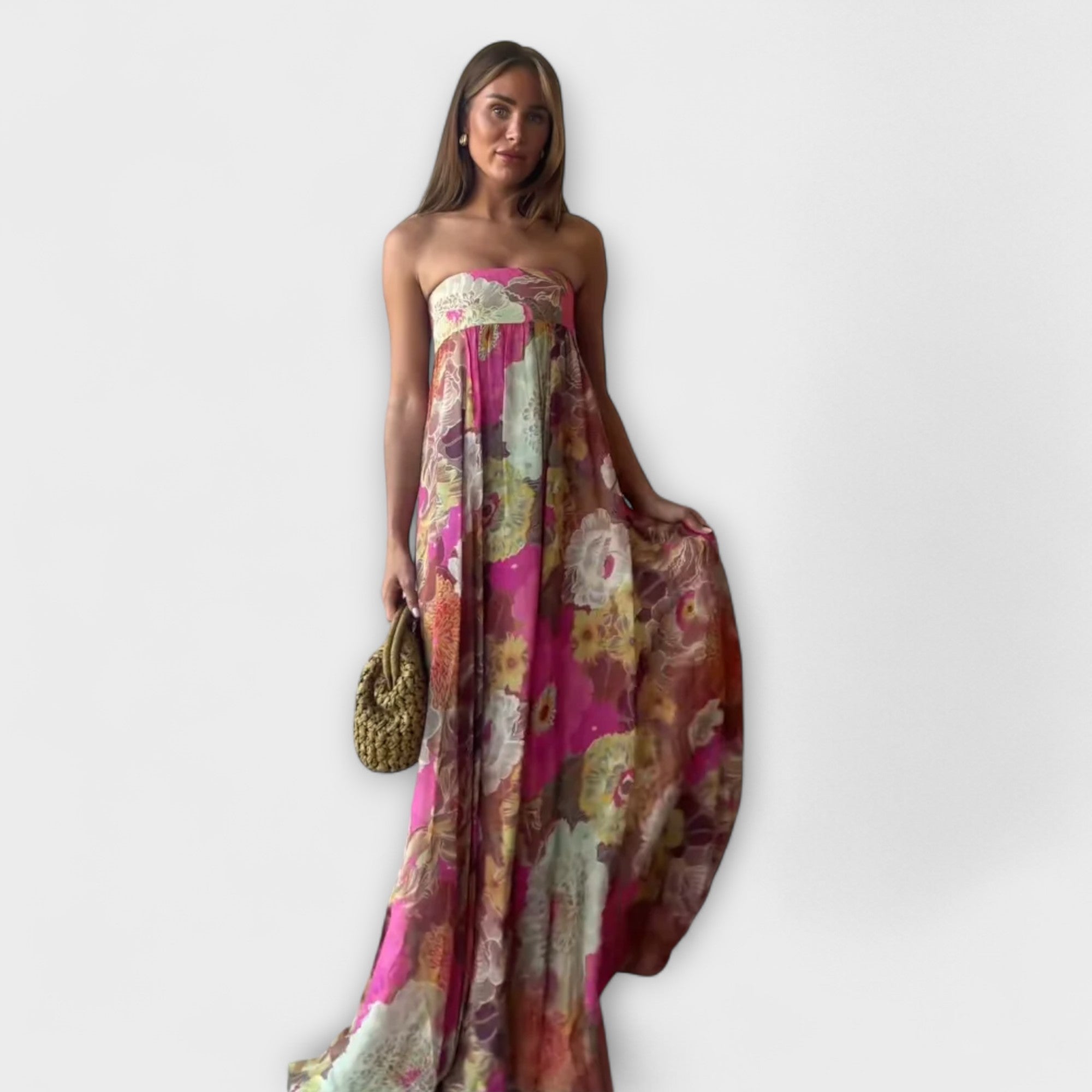 Vestido Maxi Plissado Retro Chic Sem Alças