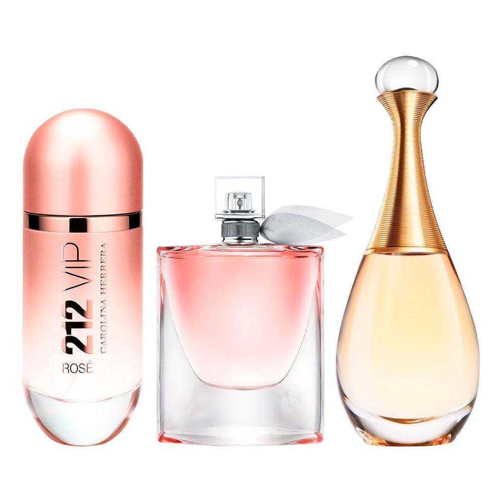 Conjunto de 3 Fragrâncias Femininas – 212 VIP Rosé, La Vie Est Belle e J'adore [100 ml cada]