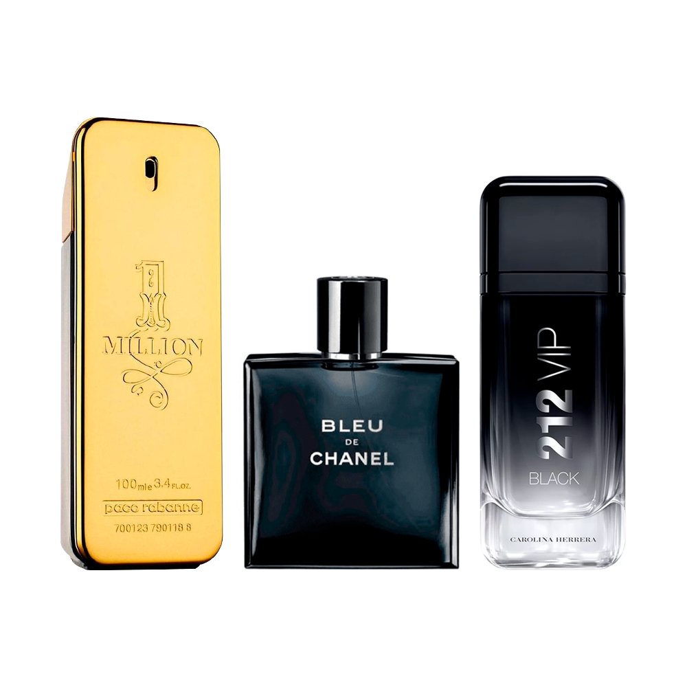 Combo de 3 parfums pour hommes – 1 Million, Bleu de Chanel et 212 VIP Black [100 ml chacun]