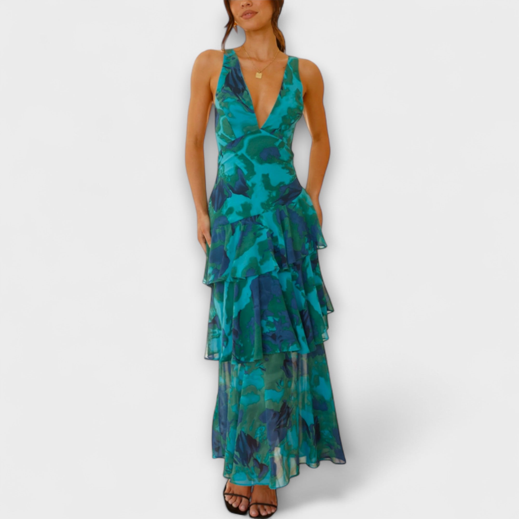 Domenica - Chiffonkleid mit V-Ausschnitt und fließenden Lagen